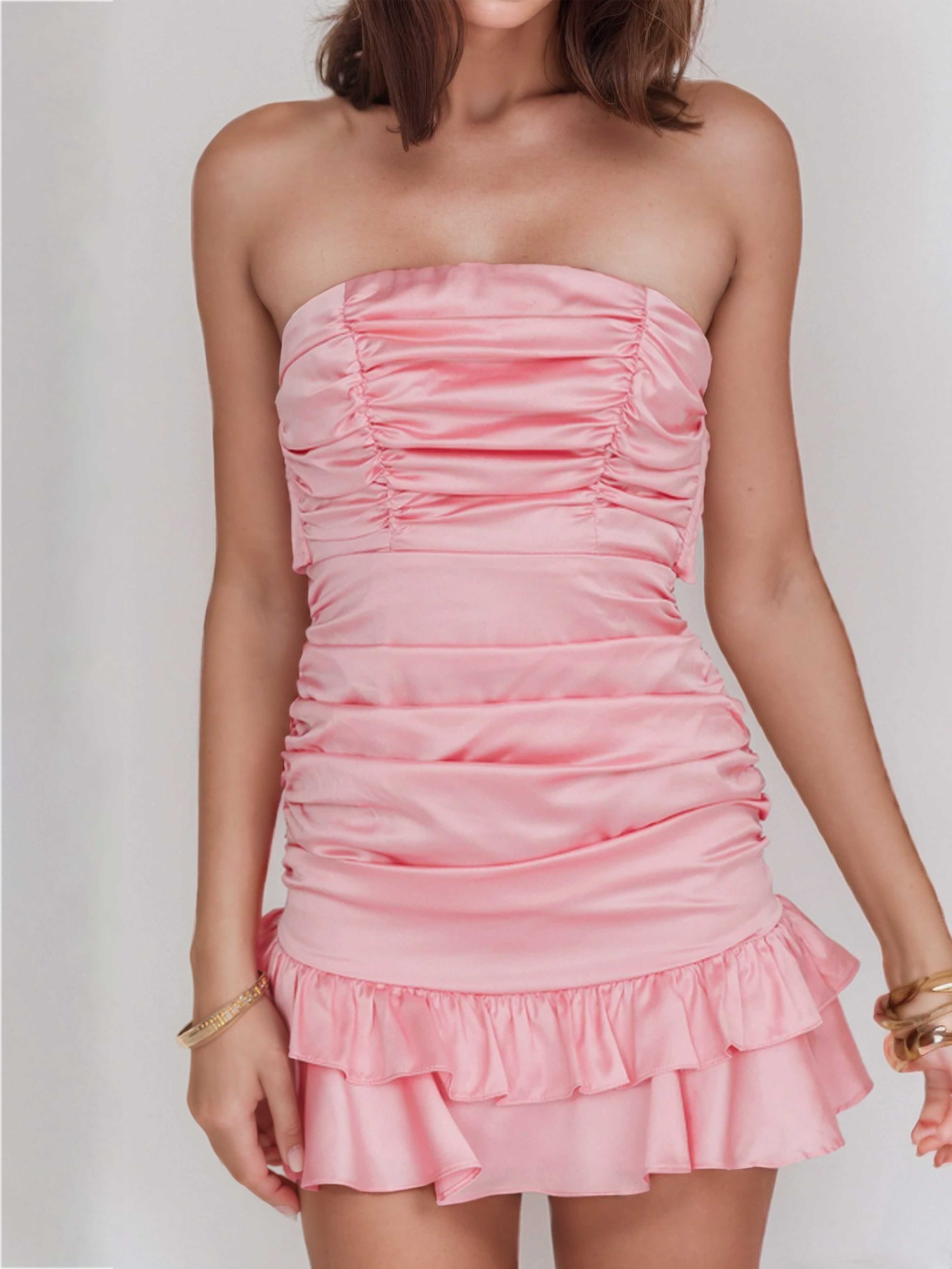 Soft Sheath Sleeveless Strapless Ruched Satin Mini Homecoming Dresses