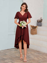 Soft V-Neck Short Sleeves High-Low Chiffon Bridesmaid Dresses