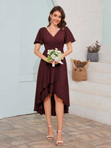 Soft V-Neck Short Sleeves High-Low Chiffon Bridesmaid Dresses