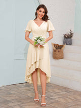 Soft V-Neck Short Sleeves High-Low Chiffon Bridesmaid Dresses