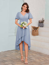Soft V-Neck Short Sleeves High-Low Chiffon Bridesmaid Dresses
