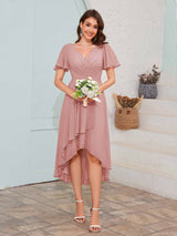 Soft V-Neck Short Sleeves High-Low Chiffon Bridesmaid Dresses