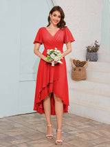 Soft V-Neck Short Sleeves High-Low Chiffon Bridesmaid Dresses