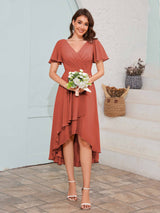 Soft V-Neck Short Sleeves High-Low Chiffon Bridesmaid Dresses