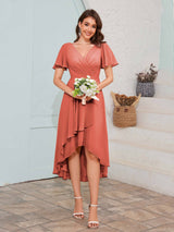 Soft V-Neck Short Sleeves High-Low Chiffon Bridesmaid Dresses
