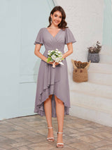 Soft V-Neck Short Sleeves High-Low Chiffon Bridesmaid Dresses