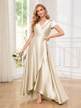Sophisticated A-Line Short Sleeves Satin High Low Bridesmaid Dresses