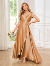 Sophisticated A-Line Short Sleeves Satin High Low Bridesmaid Dresses