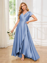 Sophisticated A-Line Short Sleeves Satin High Low Bridesmaid Dresses