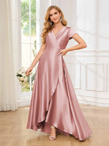 Sophisticated A-Line Short Sleeves Satin High Low Bridesmaid Dresses