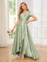 Sophisticated A-Line Short Sleeves Satin High Low Bridesmaid Dresses