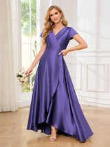 Sophisticated A-Line Short Sleeves Satin High Low Bridesmaid Dresses