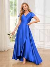 Sophisticated A-Line Short Sleeves Satin High Low Bridesmaid Dresses