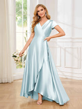 Sophisticated A-Line Short Sleeves Satin High Low Bridesmaid Dresses