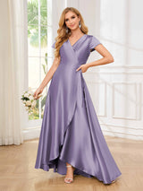 Sophisticated A-Line Short Sleeves Satin High Low Bridesmaid Dresses