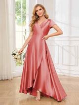Sophisticated A-Line Short Sleeves Satin High Low Bridesmaid Dresses