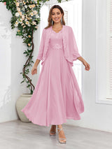 Sophisticated V-Neck Two Pieces Chiffon Long Mother Of The Bride Dresses