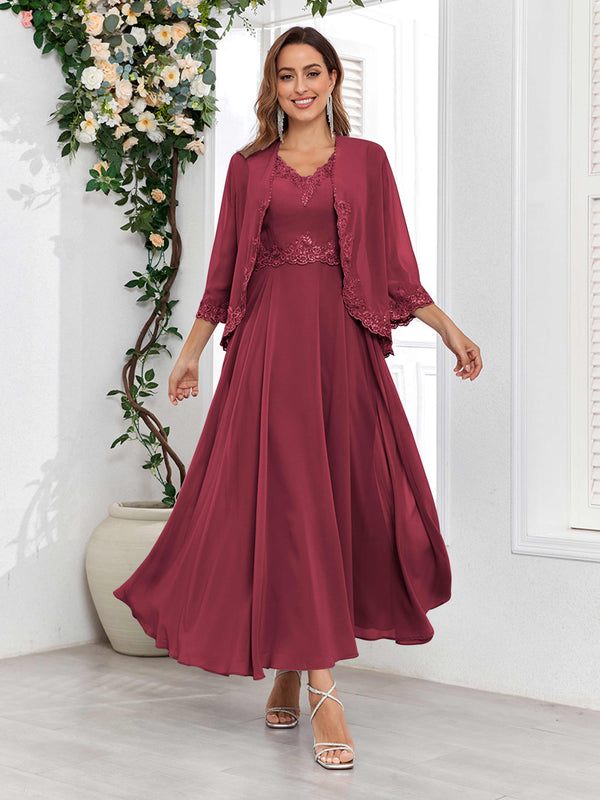 Cinnamon Rose Sophisticated V-Neck Two Pieces Chiffon Long Mother Of The Bride Dresses