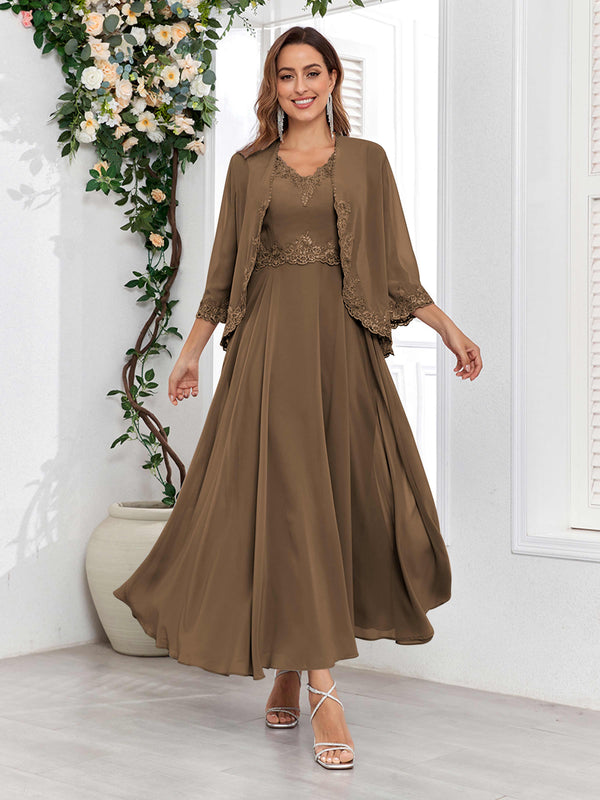 Mocha Sophisticated V-Neck Two Pieces Chiffon Long Mother Of The Bride Dresses