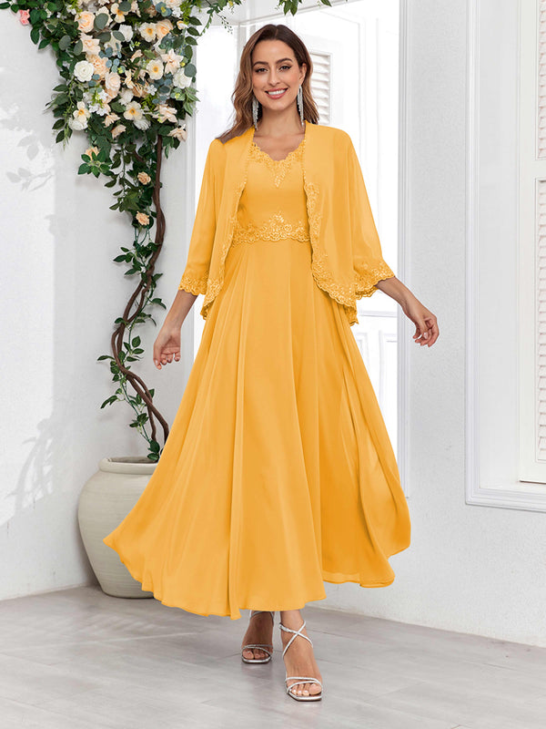 Mustard Sophisticated V-Neck Two Pieces Chiffon Long Mother Of The Bride Dresses