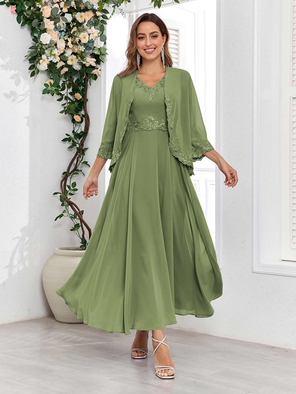 Olive Green Sophisticated V-Neck Two Pieces Chiffon Long Mother Of The Bride Dresses