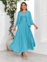 Sophisticated V-Neck Two Pieces Chiffon Long Mother Of The Bride Dresses