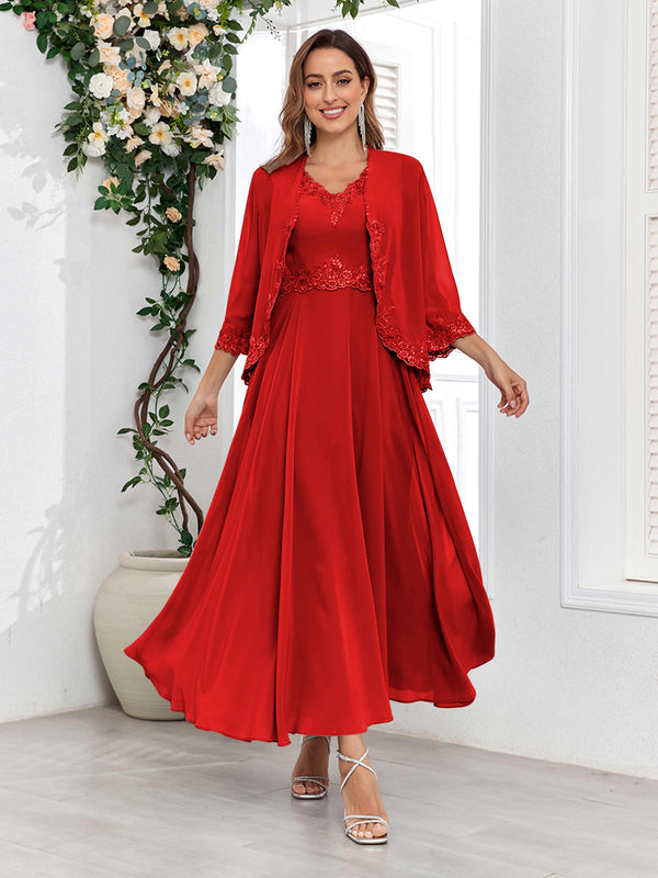 Red Sophisticated V-Neck Two Pieces Chiffon Long Mother Of The Bride Dresses