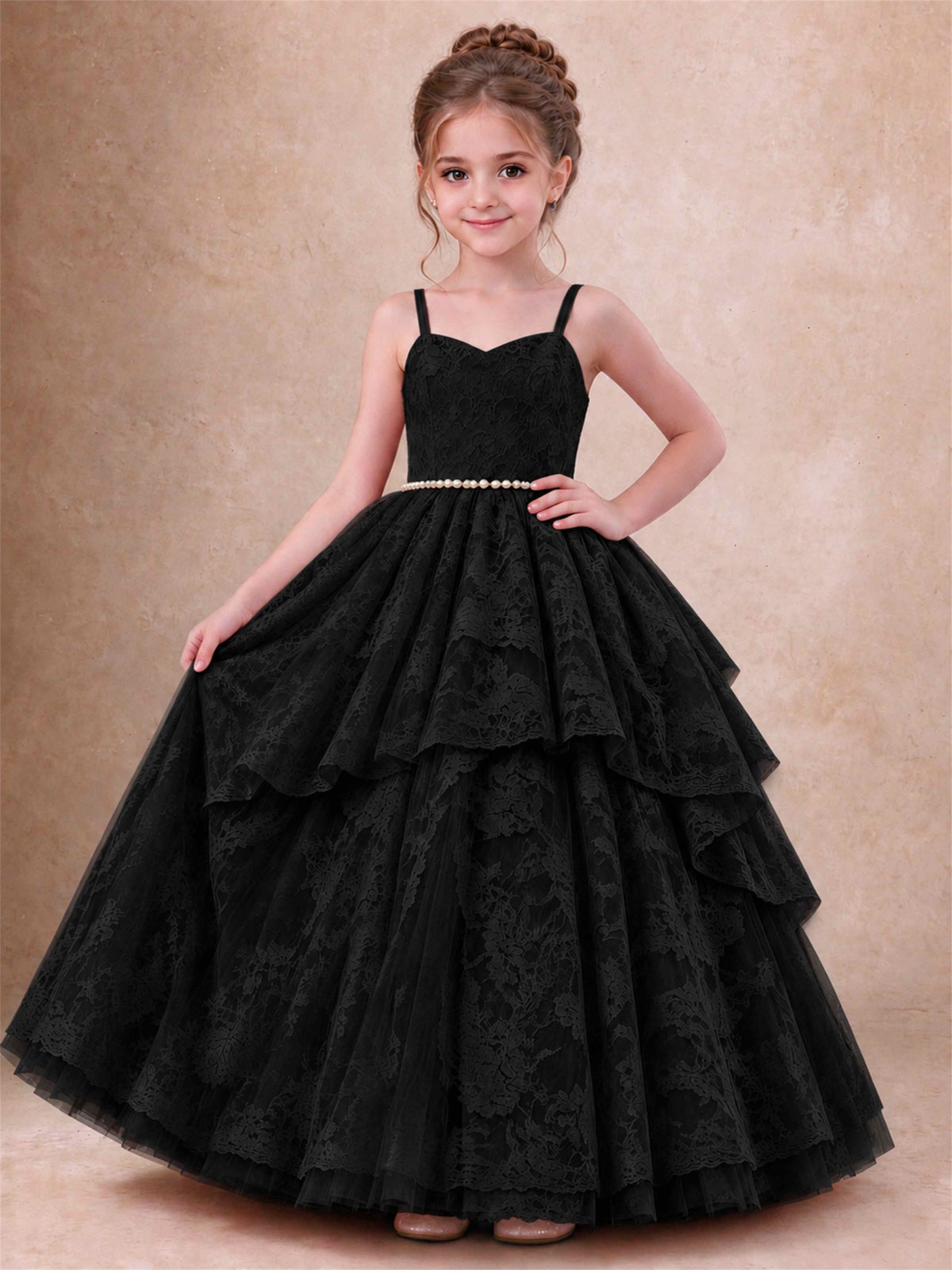Spaghetti Strap Lace Girls Pageant Dress Tiered with Pearl Sash For Wedding Birthday Communion