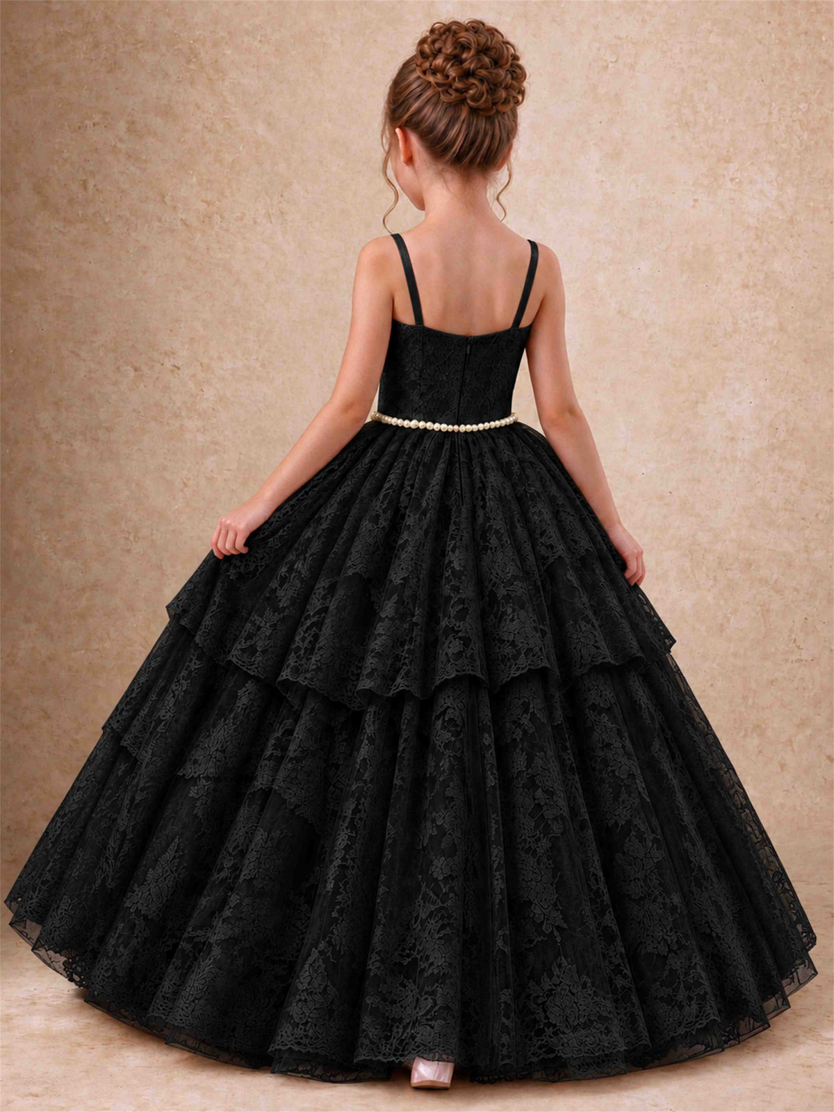Spaghetti Strap Lace Girls Pageant Dress Tiered with Pearl Sash For Wedding Birthday Communion
