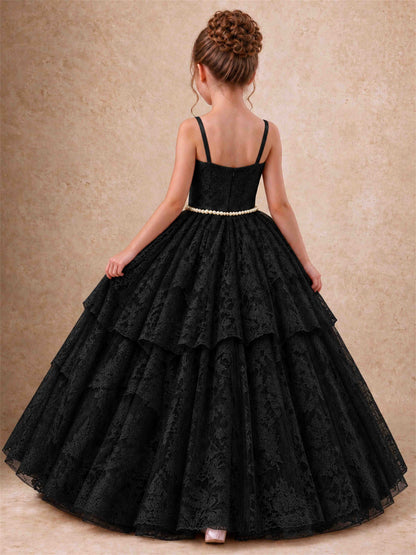 Spaghetti Strap Lace Girls Pageant Dress Tiered with Pearl Sash For Wedding Birthday Communion