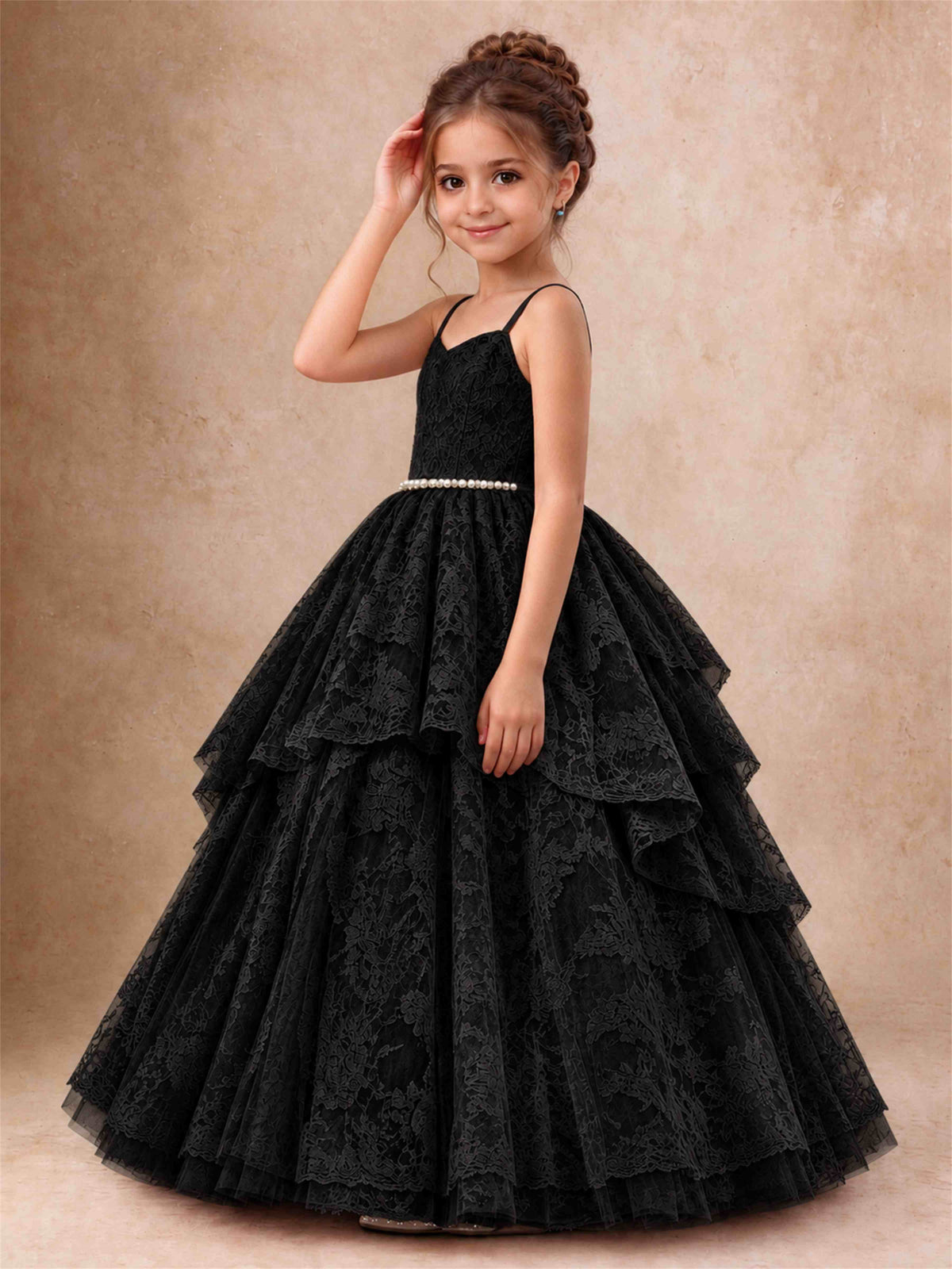 Spaghetti Strap Lace Girls Pageant Dress Tiered with Pearl Sash For Wedding Birthday Communion