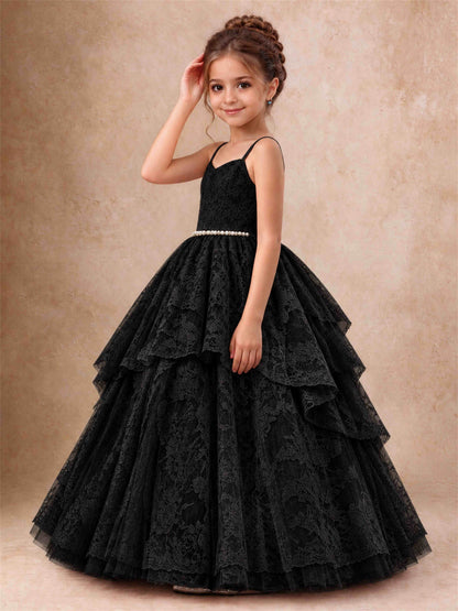 Spaghetti Strap Lace Girls Pageant Dress Tiered with Pearl Sash For Wedding Birthday Communion