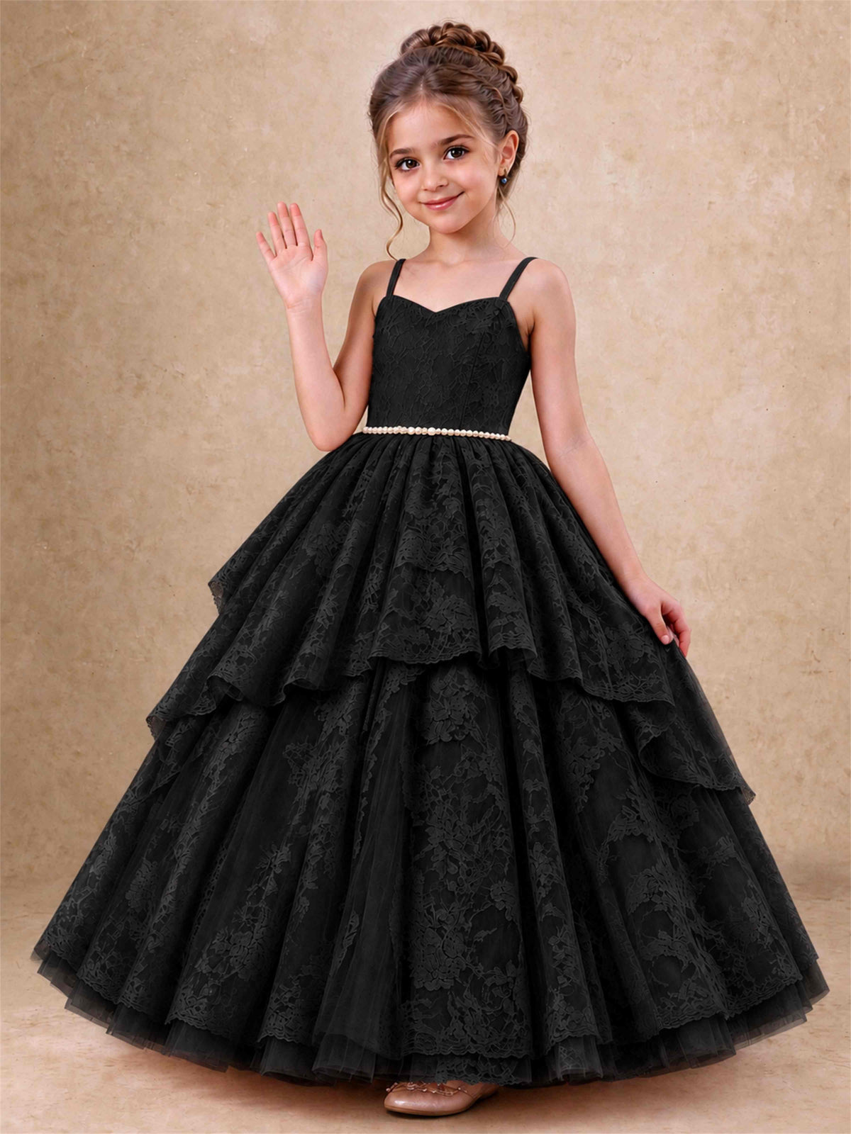 Spaghetti Strap Lace Girls Pageant Dress Tiered with Pearl Sash For Wedding Birthday Communion