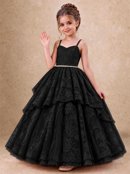 Spaghetti Strap Lace Girls Pageant Dress Tiered with Pearl Sash For Wedding Birthday Communion