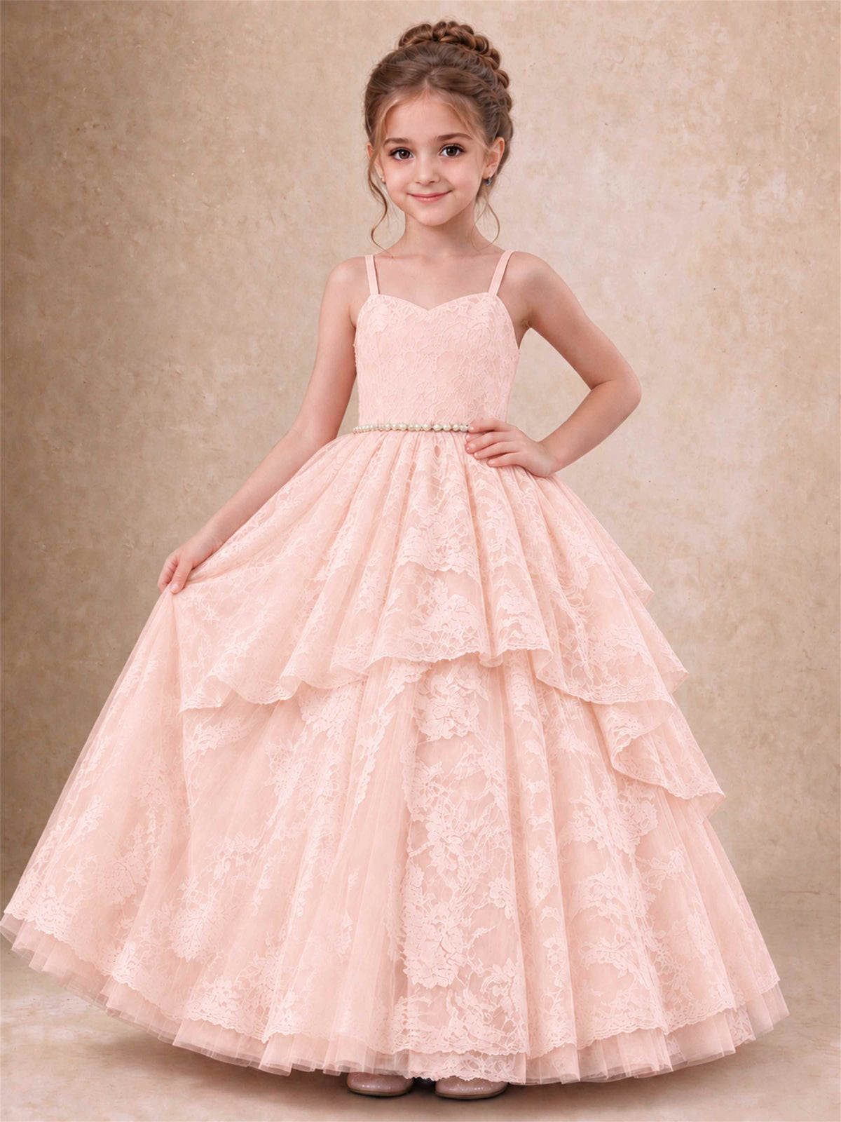 Spaghetti Strap Lace Girls Pageant Dress Tiered with Pearl Sash For Wedding Birthday Communion