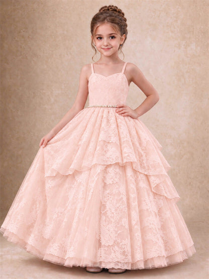 Spaghetti Strap Lace Girls Pageant Dress Tiered with Pearl Sash For Wedding Birthday Communion