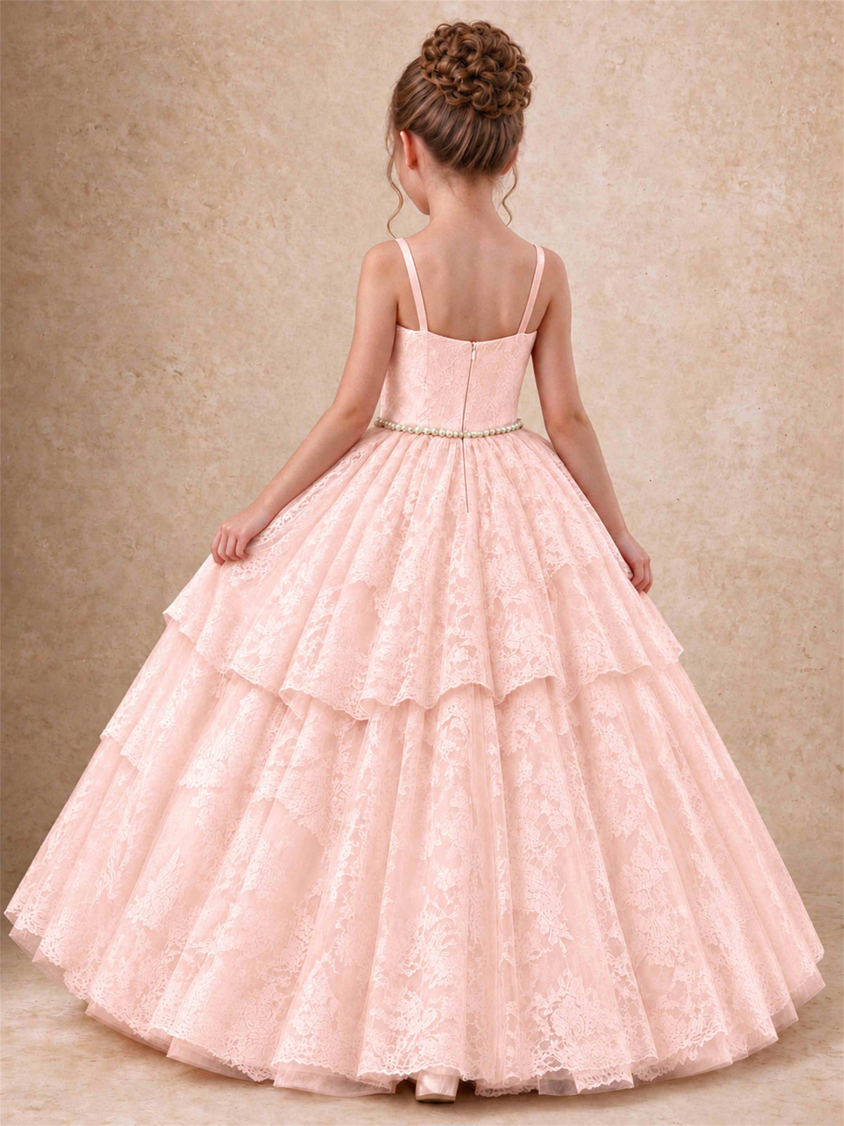 Spaghetti Strap Lace Girls Pageant Dress Tiered with Pearl Sash For Wedding Birthday Communion