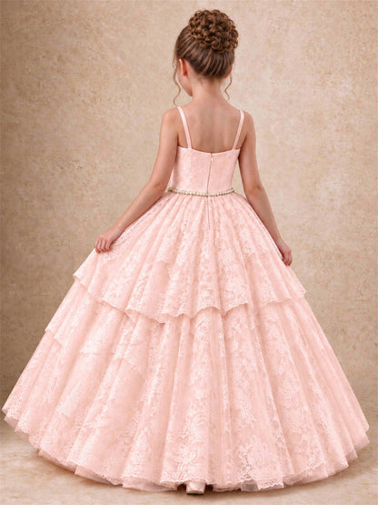 Spaghetti Strap Lace Girls Pageant Dress Tiered with Pearl Sash For Wedding Birthday Communion
