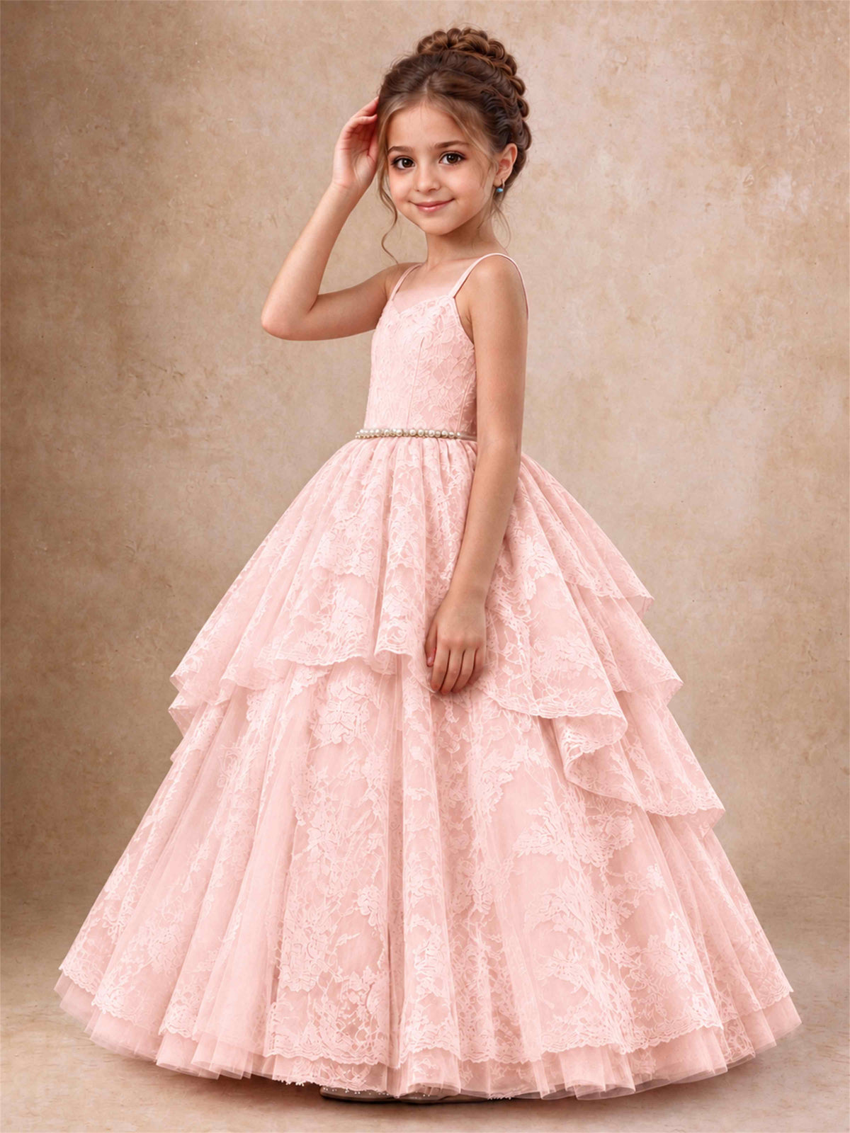 Spaghetti Strap Lace Girls Pageant Dress Tiered with Pearl Sash For Wedding Birthday Communion