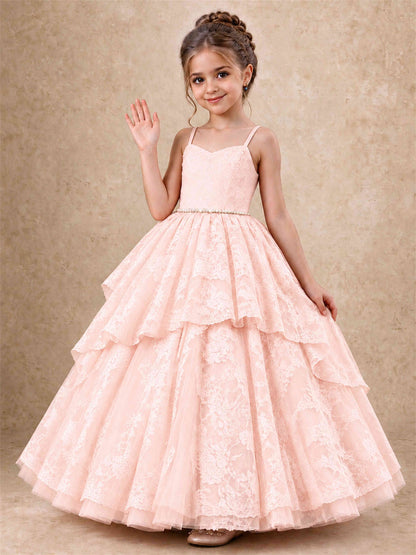 Spaghetti Strap Lace Girls Pageant Dress Tiered with Pearl Sash For Wedding Birthday Communion