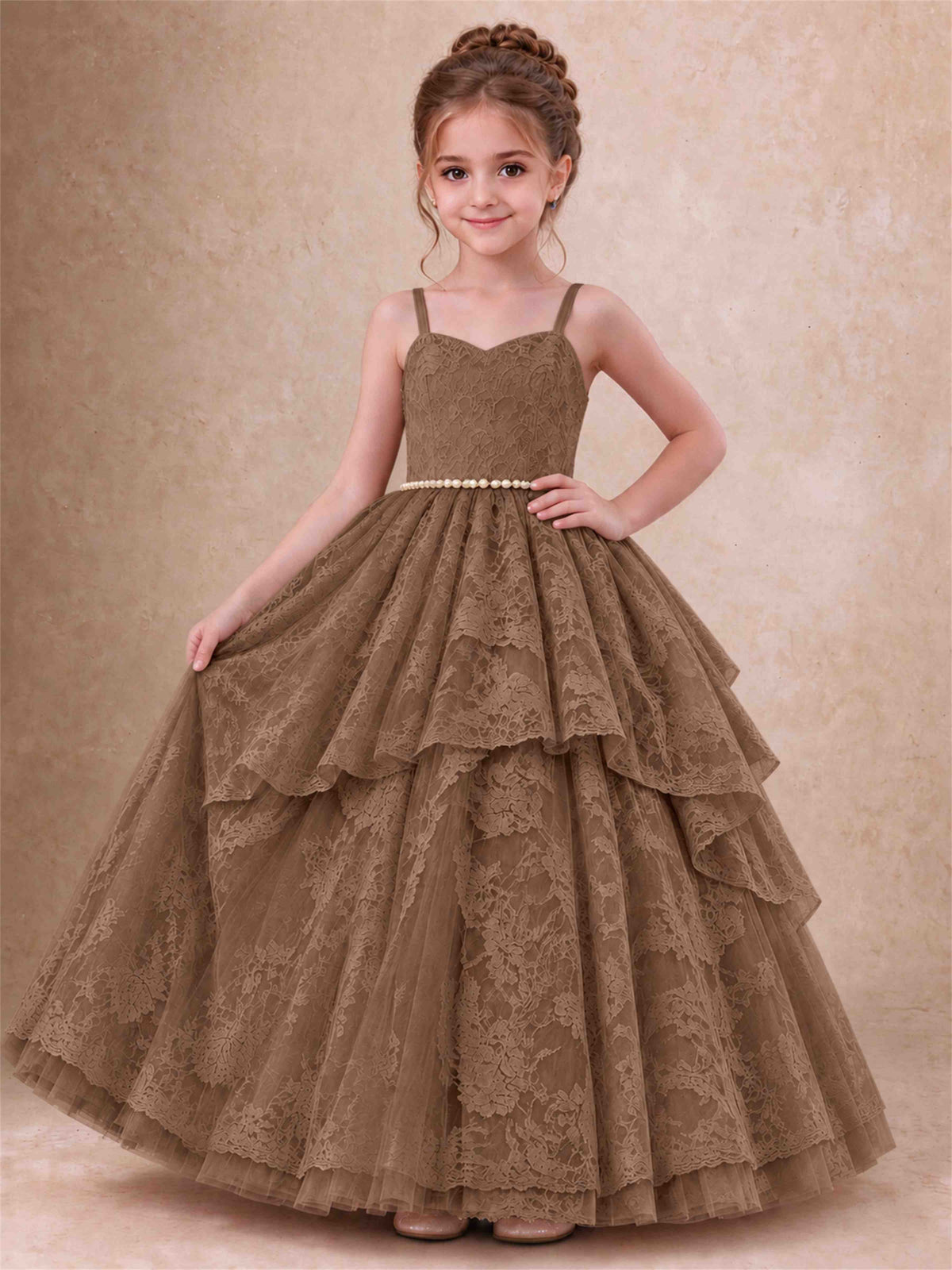 Spaghetti Strap Lace Girls Pageant Dress Tiered with Pearl Sash For Wedding Birthday Communion