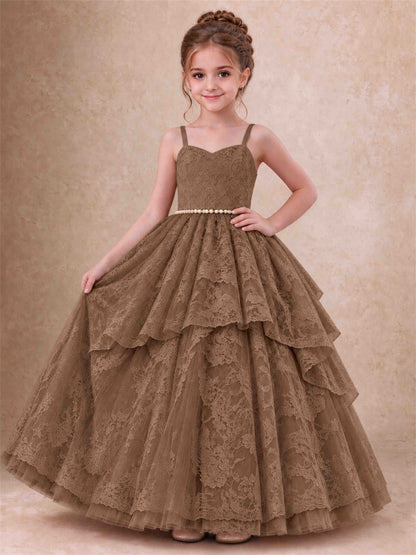 Spaghetti Strap Lace Girls Pageant Dress Tiered with Pearl Sash For Wedding Birthday Communion
