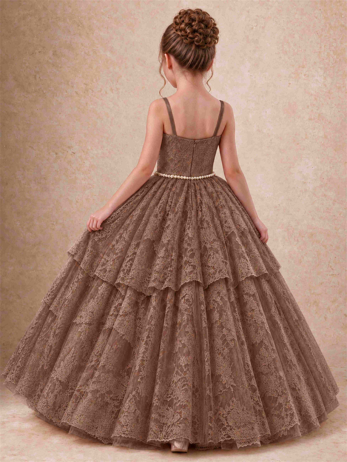 Spaghetti Strap Lace Girls Pageant Dress Tiered with Pearl Sash For Wedding Birthday Communion