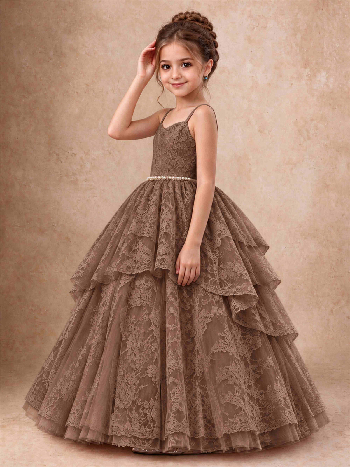 Spaghetti Strap Lace Girls Pageant Dress Tiered with Pearl Sash For Wedding Birthday Communion