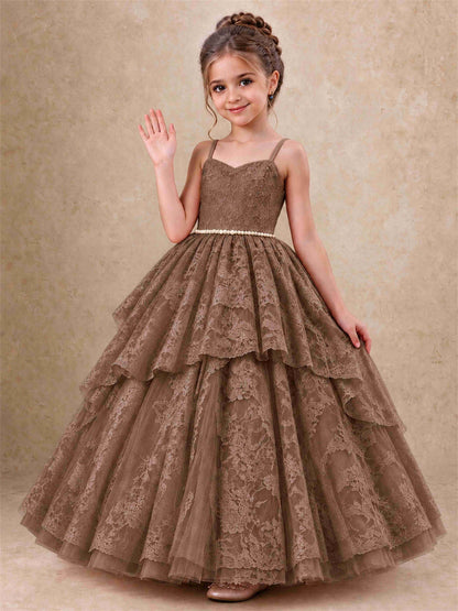 Spaghetti Strap Lace Girls Pageant Dress Tiered with Pearl Sash For Wedding Birthday Communion