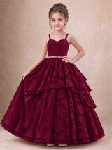 Spaghetti Strap Lace Girls Pageant Dress Tiered with Pearl Sash For Wedding Birthday Communion