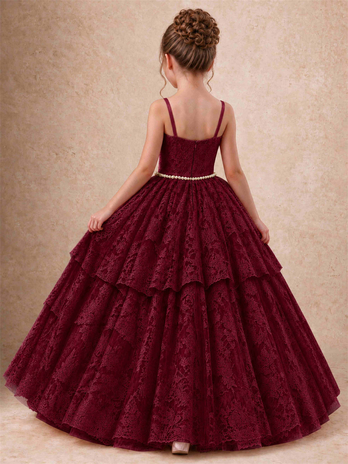 Spaghetti Strap Lace Girls Pageant Dress Tiered with Pearl Sash For Wedding Birthday Communion