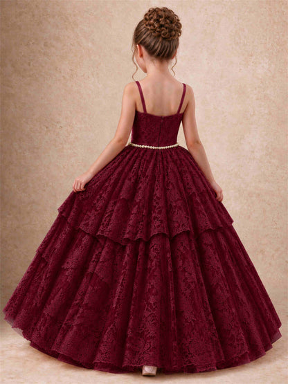 Spaghetti Strap Lace Girls Pageant Dress Tiered with Pearl Sash For Wedding Birthday Communion