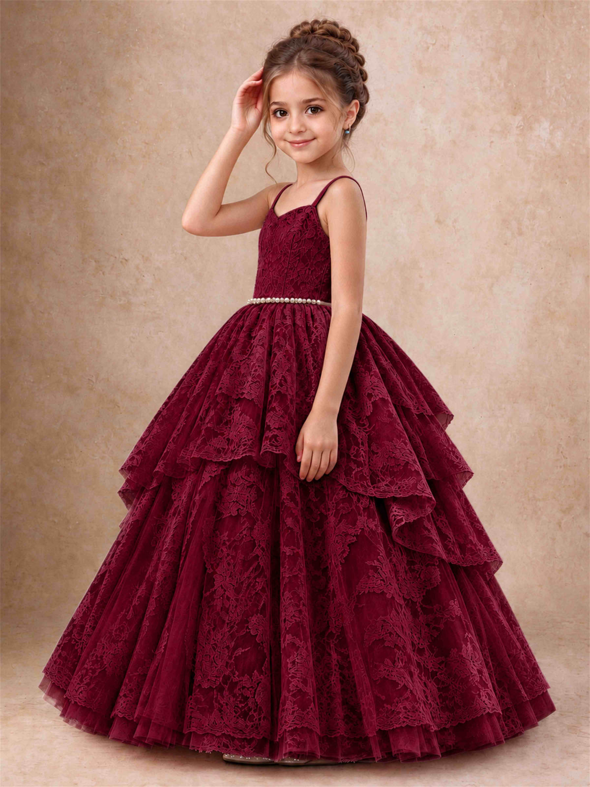 Spaghetti Strap Lace Girls Pageant Dress Tiered with Pearl Sash For Wedding Birthday Communion