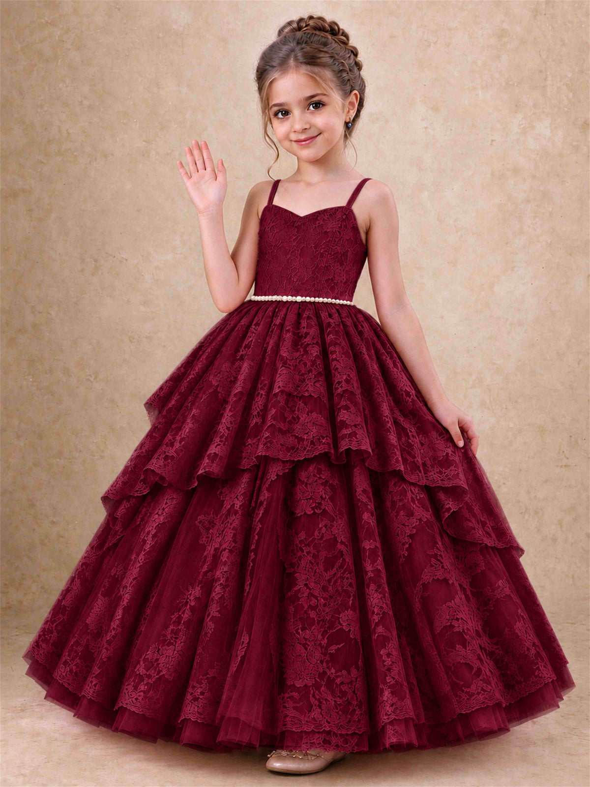 Spaghetti Strap Lace Girls Pageant Dress Tiered with Pearl Sash For Wedding Birthday Communion
